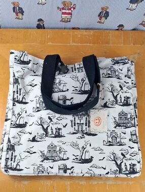 Hallow Home Halloween Black & White Goth  Reusable Cancas Cotton 2 Handle Bag